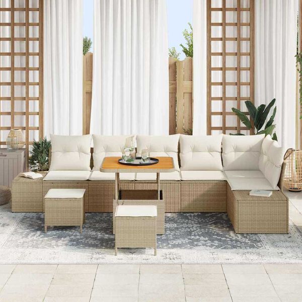 vidaXL Conjunto de sof&aacute;s de jard&iacute;n con coj&iacute;n 9 pcs Beige Polirat&aacute;n