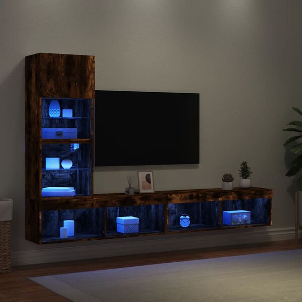 vidaXL Muebles TV pared con LED 4 pzas madera ingenier&iacute;a roble ahumado