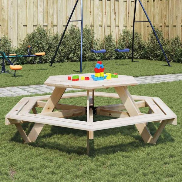 vidaXL Mesa de picnic hexagonal 6 ni&ntilde;os agujero sombrilla madera abeto