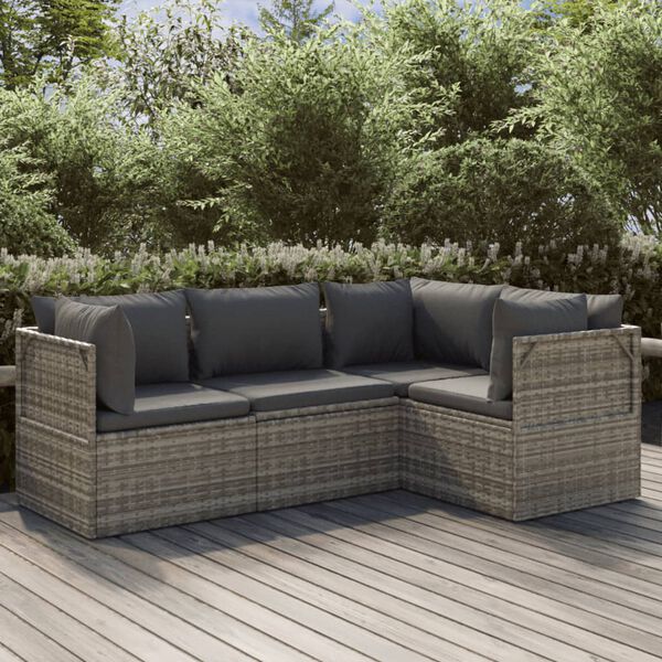 vidaXL Set de muebles de jard&iacute;n 4 pzas y cojines rat&aacute;n sint&eacute;tico gris