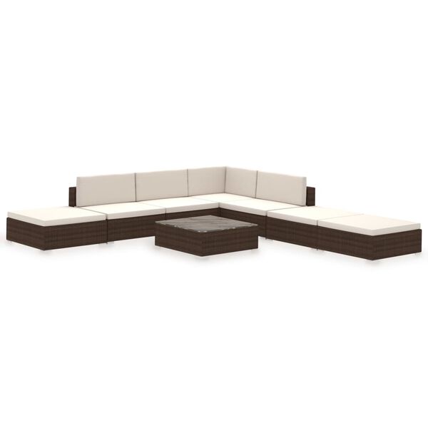 vidaXL Set muebles de jard&iacute;n 8 piezas y cojines rat&aacute;n sint&eacute;tico marr&oacute;n