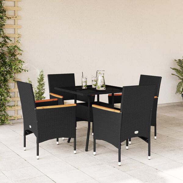 vidaXL Set comedor jard&iacute;n 5 pzas cojines rat&aacute;n sint&eacute;tico vidrio negro
