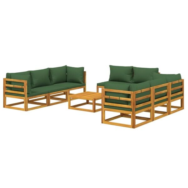vidaXL Juego muebles de jardín 9 piezas madera maciza y cojines verdes