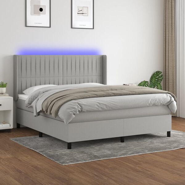 vidaXL Cama box spring colch&oacute;n y luces LED tela gris claro 180x200 cm