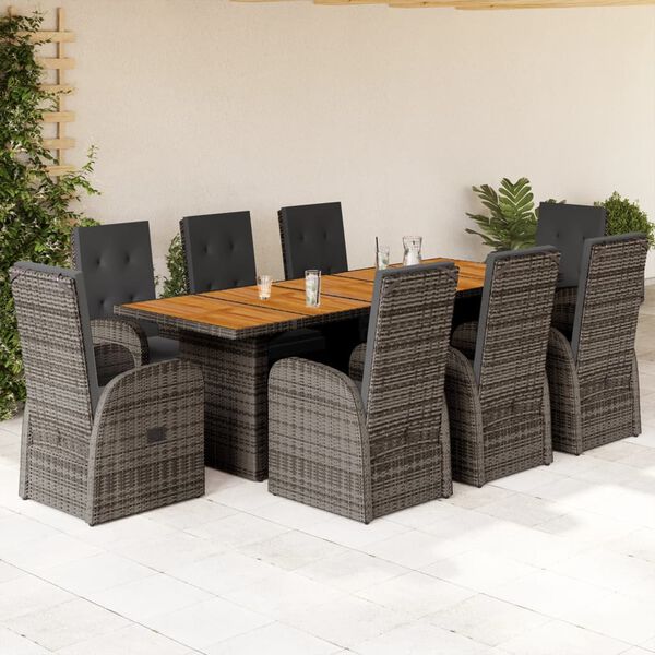 vidaXL Set comedor jard&iacute;n 9 pzas y cojines rat&aacute;n sint&eacute;tico gris