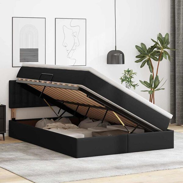 vidaXL Cama con almacenamiento y colch&oacute;n Negro 140 x 190 cm