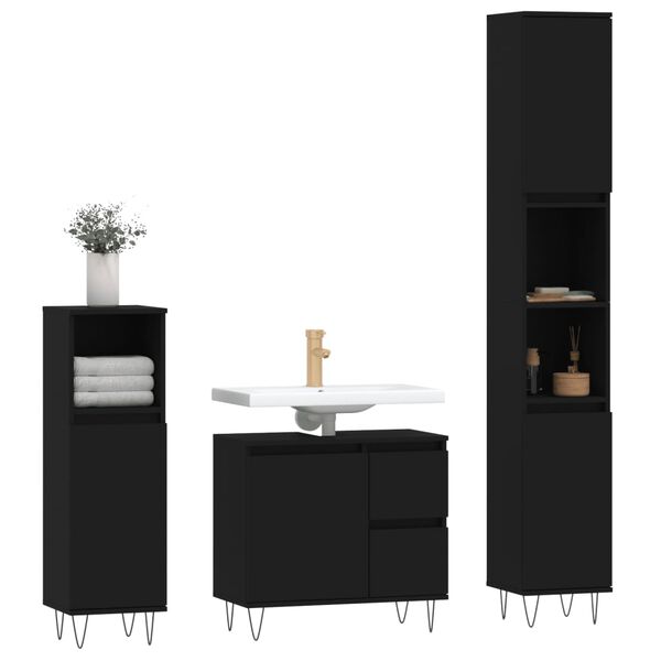 vidaXL Juego de muebles de baño 3 pzas madera contrachapada negro