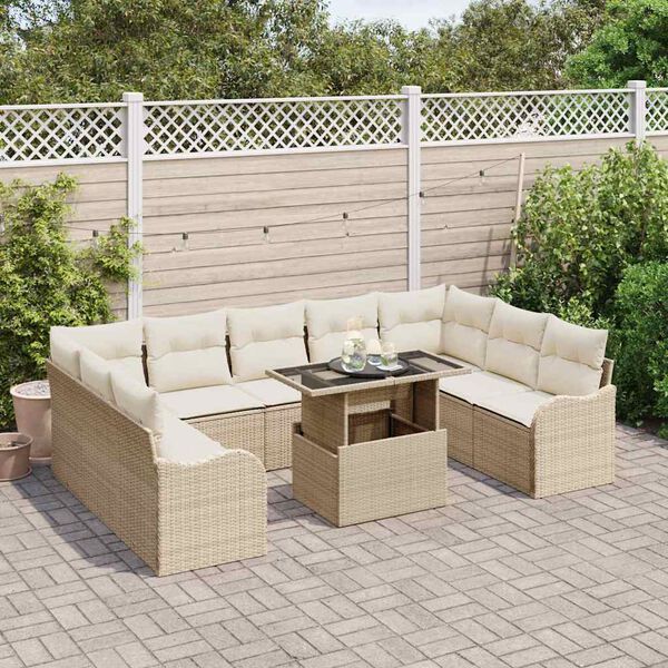 vidaXL Conjunto de sofá de jardín con cojín 10 pcs Beige Poliratán