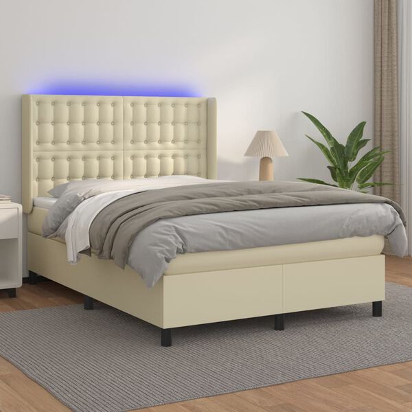 vidaXL Cama box spring colch&oacute;n y LED cuero sint&eacute;tico crema 140x200 cm