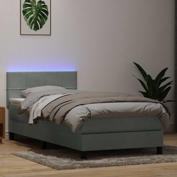 vidaXL Cama box spring con colch&oacute;n y LED terciopelo gris claro 100x220 cm