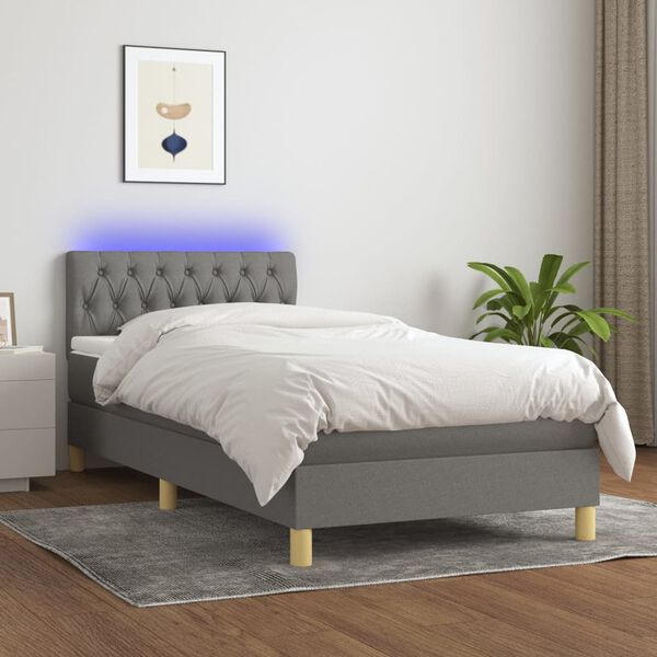 vidaXL Cama box spring con colch&oacute;n y LED tela gris oscuro 90x200 cm
