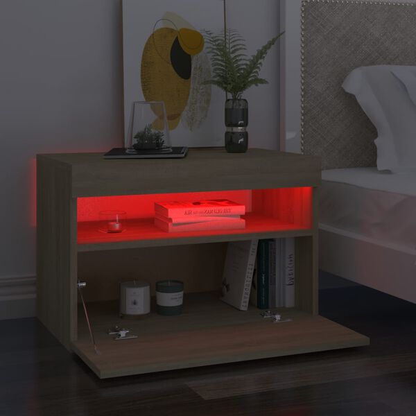 vidaXL Mesita de noche con luces LED contrachapada Sonoma 60x35x40 cm