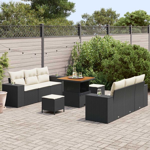 vidaXL Conjunto de sof&aacute; de jard&iacute;n con coj&iacute;n 9 pcs Negro Polirat&aacute;n