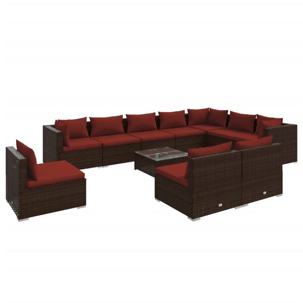 vidaXL Set muebles de jard&iacute;n 11 pzas y cojines rat&aacute;n sint&eacute;tico marr&oacute;n