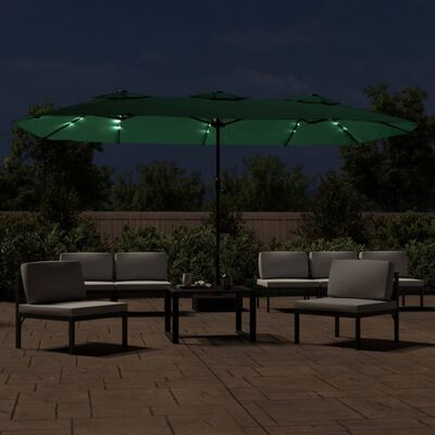 vidaXL Sombrilla doble con luces LED verde 449x245 cm