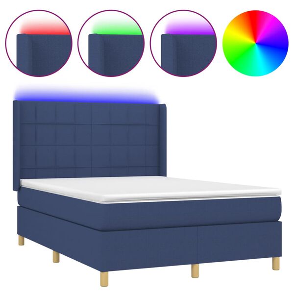 vidaXL Cama box spring colch&oacute;n y luces LED tela azul 140x200 cm