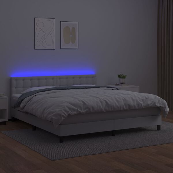 vidaXL Cama box spring colch&oacute;n y LED cuero sint&eacute;tico blanco 180x200 cm