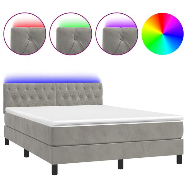vidaXL Cama box spring colch&oacute;n y LED terciopelo gris claro 140x190 cm