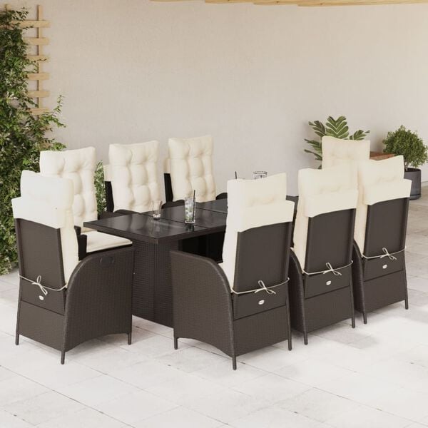 vidaXL Set comedor para jard&iacute;n 9 pzas y cojines rat&aacute;n sint&eacute;tico marr&oacute;n