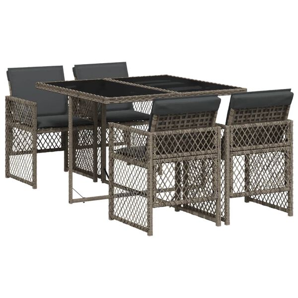 vidaXL Set comedor de jard&iacute;n 5 piezas con cojines rat&aacute;n sint&eacute;tico gris