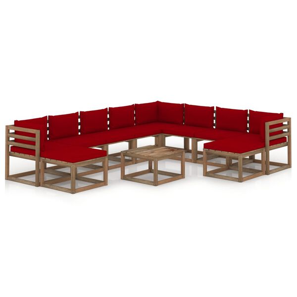 vidaXL Juego de muebles de jard&iacute;n 11 pzas con cojines rojo vino tinto