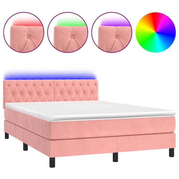 vidaXL Cama box spring colch&oacute;n y LED terciopelo rosa 140x200 cm