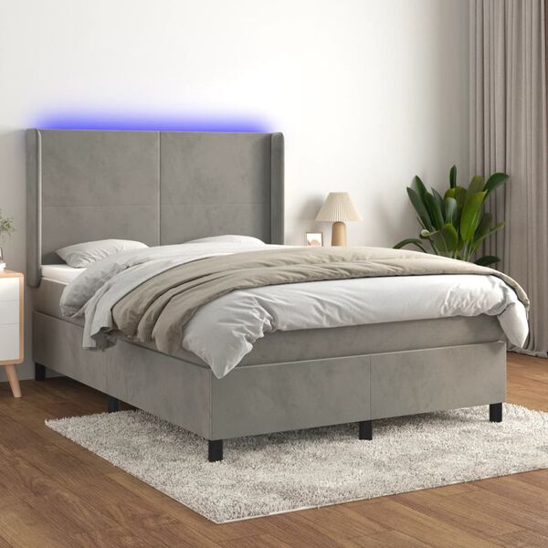vidaXL Cama box spring colch&oacute;n y LED terciopelo gris claro 140x200 cm