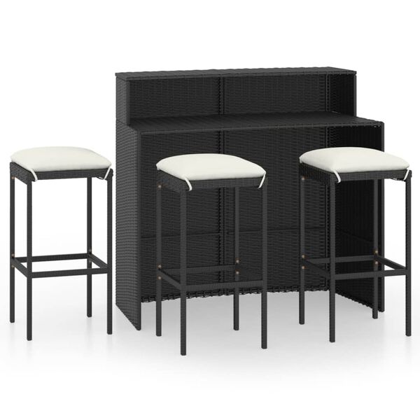 vidaXL Set muebles de bar para jard&iacute;n 4 piezas y cojines negro