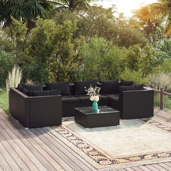 vidaXL Set de muebles de jard&iacute;n y cojines 7 pzas rat&aacute;n sint&eacute;tico negro