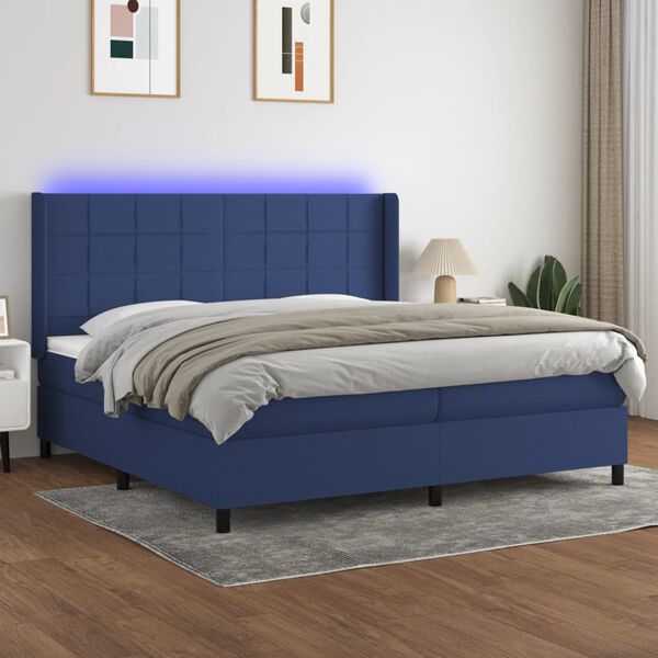 vidaXL Cama box spring colch&oacute;n y luces LED tela azul 200x200 cm