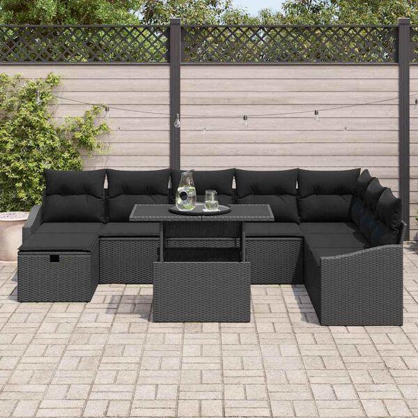 vidaXL Conjunto de sof&aacute; de jard&iacute;n 9 pcs Negro rat&aacute;n sint&eacute;tico