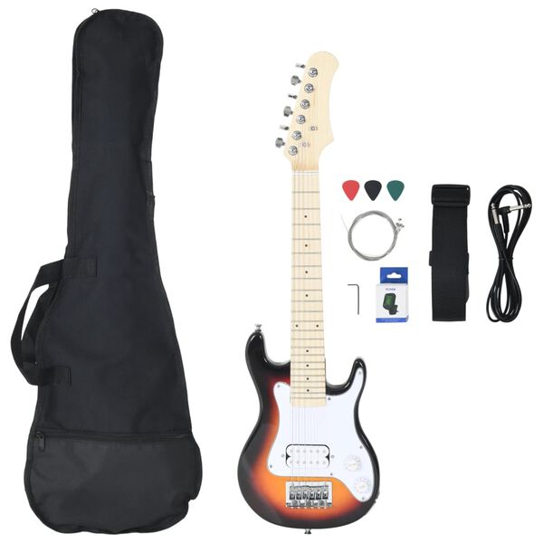 vidaXL Guitarra el&eacute;ctrica para ni&ntilde;os con funda marr&oacute;n y blanco 3/4 30"