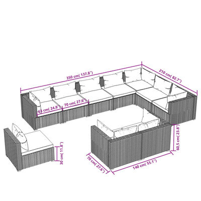 vidaXL Set de muebles de jardín 10 pzas y cojines ratán sintético gris