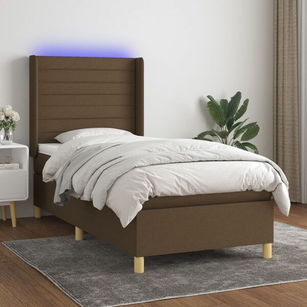 vidaXL Cama box spring colch&oacute;n y luces LED tela marr&oacute;n oscuro 90x190cm