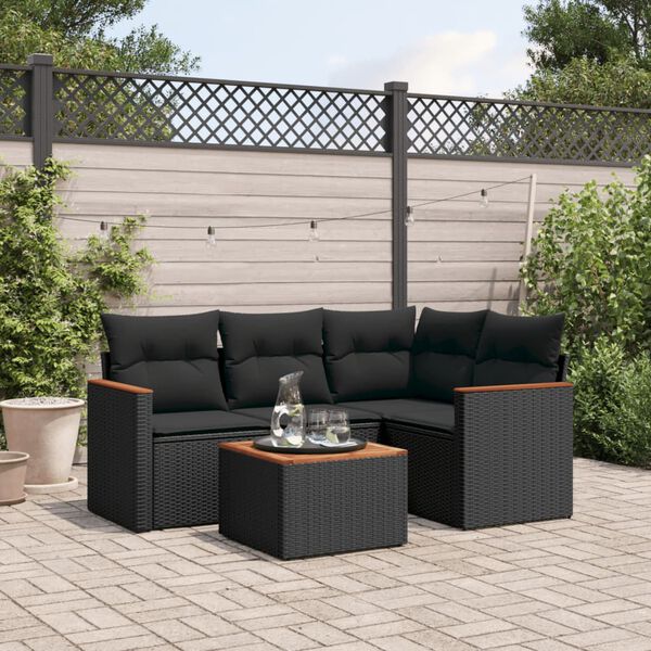 vidaXL Set de muebles de jard&iacute;n 5 pzas y cojines rat&aacute;n sint&eacute;tico negro