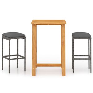 vidaXL Set de bar para jard&iacute;n 3 piezas y cojines rat&aacute;n sint&eacute;tico gris