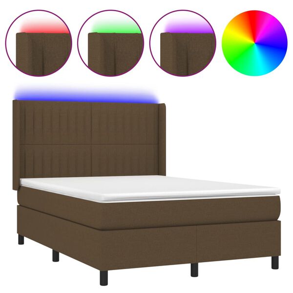 vidaXL Cama box spring colch&oacute;n luces LED tela marr&oacute;n oscuro 140x190 cm