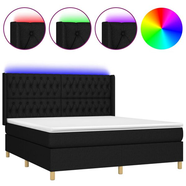 vidaXL Cama box spring colch&oacute;n y luces LED tela negro 180x200 cm