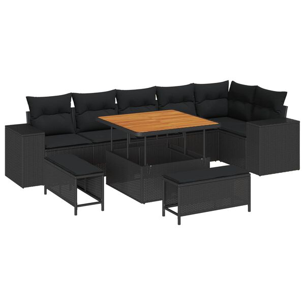 vidaXL Conjunto de sof&aacute; de jard&iacute;n 9 pcs Negro rat&aacute;n sint&eacute;tico