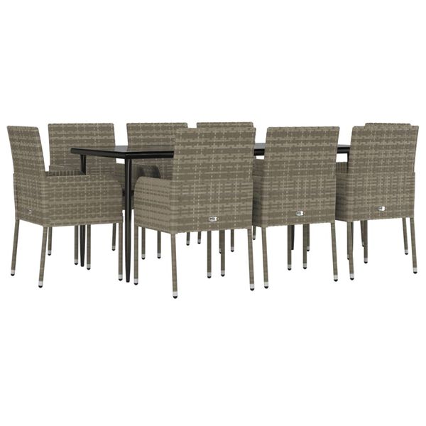 vidaXL Set comedor jard&iacute;n 9 pzas y cojines rat&aacute;n sint&eacute;tico negro gris