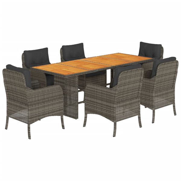 vidaXL Set comedor jard&iacute;n 7 pzas y cojines rat&aacute;n sint&eacute;tico gris