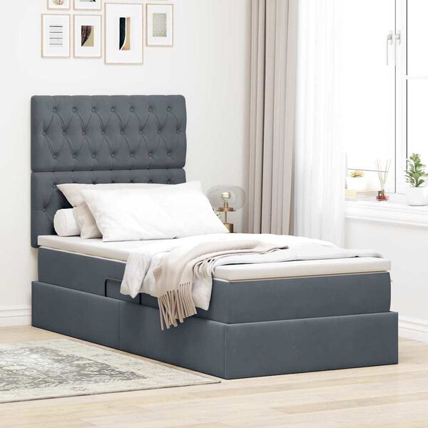 vidaXL Cama con almacenamiento y colch&oacute;n Gris oscuro 90 x 190 cm