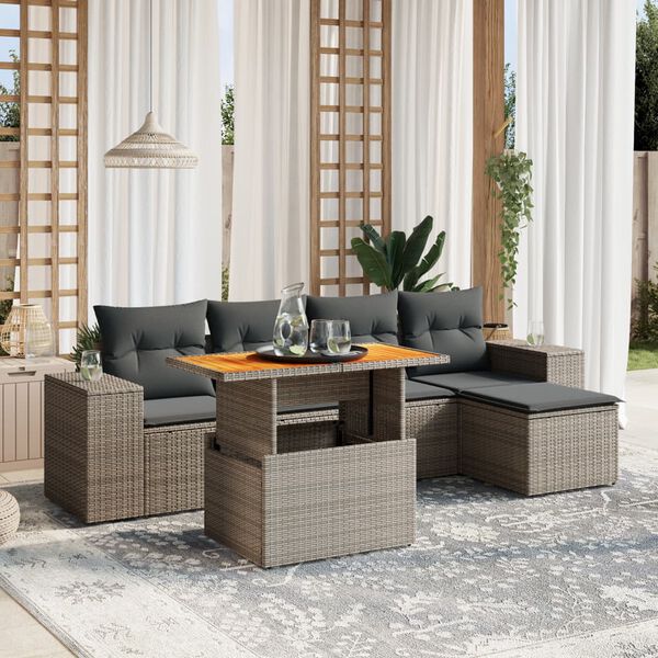 vidaXL Set de muebles de jard&iacute;n 6 pzas y cojines rat&aacute;n sint&eacute;tico gris