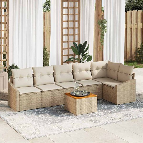vidaXL Conjunto de sof&aacute;s de jard&iacute;n 7 pcs Beige rat&aacute;n sint&eacute;tico