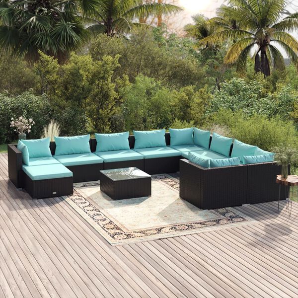 vidaXL Set de muebles de jard&iacute;n 11 pzas cojines rat&aacute;n sint&eacute;tico negro