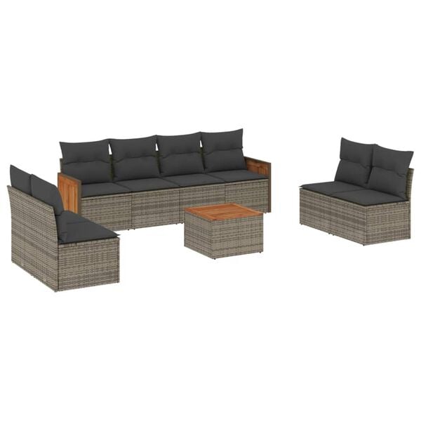 vidaXL Set de muebles de jard&iacute;n 9 pzas y cojines rat&aacute;n sint&eacute;tico gris