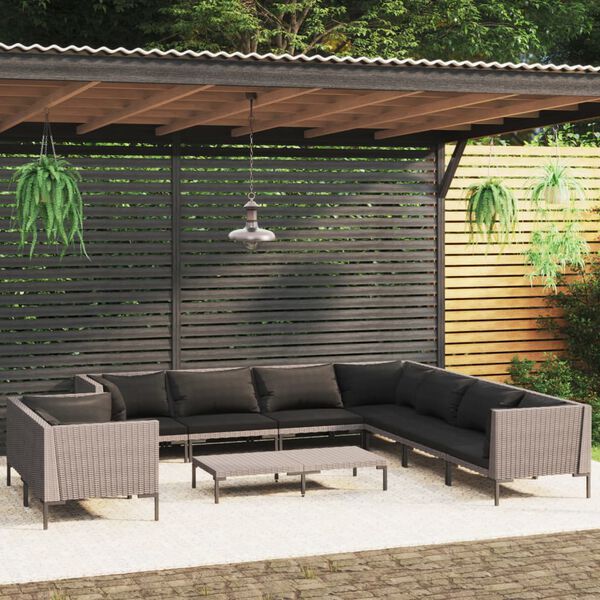 vidaXL Muebles de jard&iacute;n 10 pzas y cojines rat&aacute;n sint&eacute;tico gris oscuro