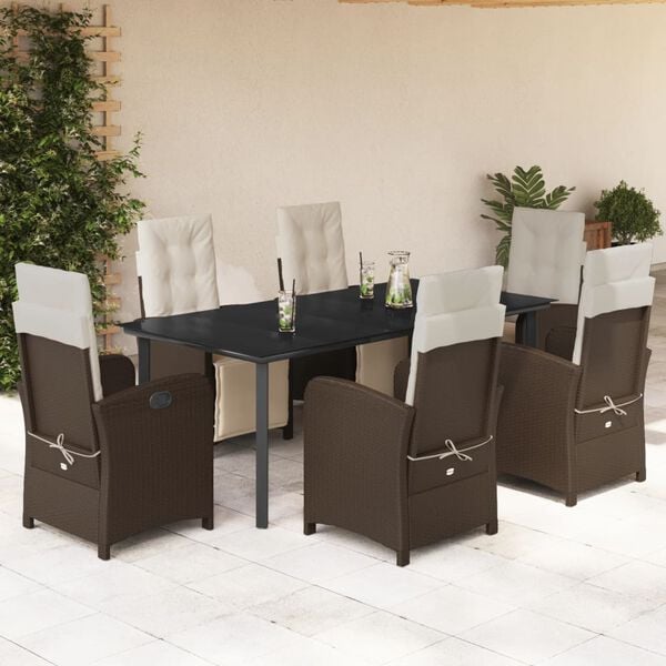 vidaXL Set comedor de jard&iacute;n 7 pzas con cojines rat&aacute;n sint&eacute;tico marr&oacute;n