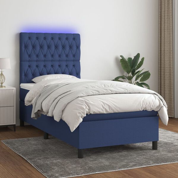 vidaXL Cama box spring colch&oacute;n y luces LED tela azul 90x190 cm