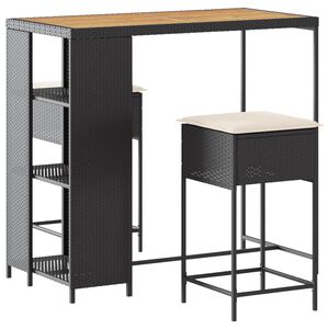 vidaXL Juego de bar de jard&iacute;n de 3 piezas con cojines rat&aacute;n PE negro
